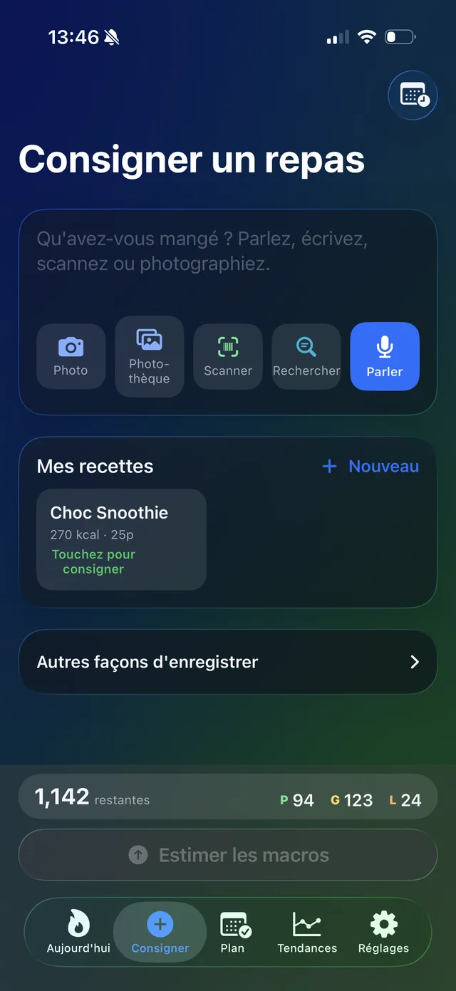 L&rsquo;écran Enregistrer un repas avec le micro aurore, prêt à entendre ce que vous avez mangé.